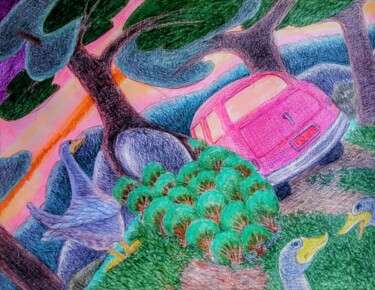 Tekening getiteld "Parking" door Edwin Loftus, Origineel Kunstwerk, Pastel