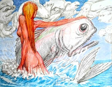 Dibujo titulada "Mermaid and A Sea G…" por Edwin Loftus, Obra de arte original, Pastel