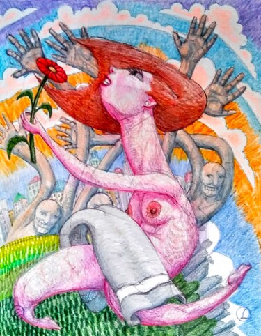 Dessin intitulée "The Woman Flies Bef…" par Edwin Loftus, Œuvre d'art originale, Pastel