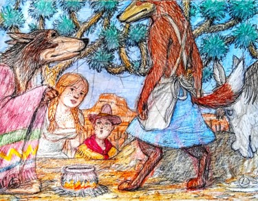 Desenho intitulada "The Coyote Family i…" por Edwin Loftus, Obras de arte originais, Pastel