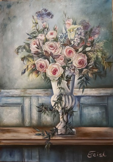 Malerei mit dem Titel "Vase mit Blumen" von Elena Feist, Original-Kunstwerk, Öl