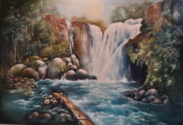Painting titled "Wasserfall" by Elena Feist, Original Artwork, Oil Mounted on Wood Stretcher frame