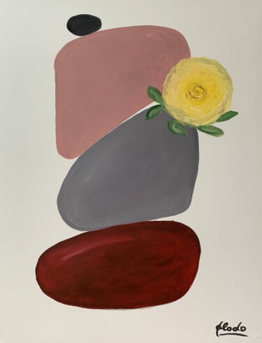 Painting titled "Stone and Flower" by Philodo, Original Artwork, Acrylic Mounted on Wood Stretcher frame