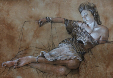 Desenho intitulada "La Randonneuse" por Efka, Obras de arte originais, Lápis Montado em Cartão