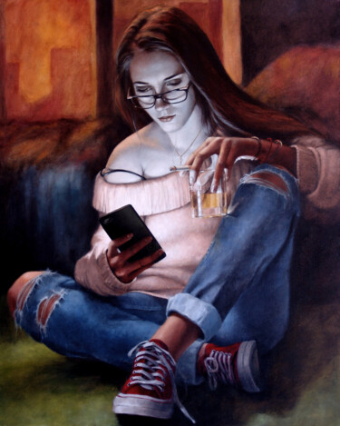 Painting titled "Addict" by Efka, Original Artwork, Oil Mounted on Wood Stretcher frame