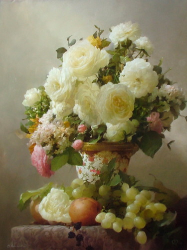 Peinture intitulée "Белые розы" par Dmitrii Sevriukov, Œuvre d'art originale, Huile