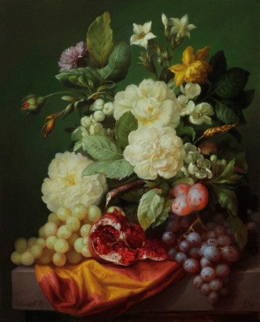 Картина под названием "Flowers, pomegranate" - Дмитрий Севрюков, Подлинное произведение искусства, Масло