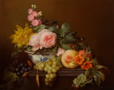 Картина под названием "Roses and peach" - Дмитрий Севрюков, Подлинное произведение искусства, Масло