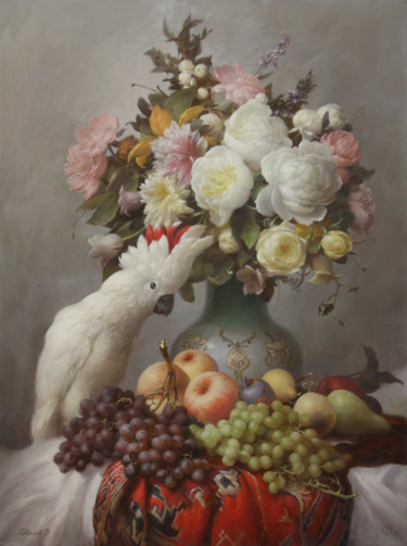 Картина под названием "Flowers and parrot" - Дмитрий Севрюков, Подлинное произведение искусства, Масло
