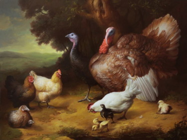 Картина под названием "Hens and turkeys" - Дмитрий Севрюков, Подлинное произведение искусства, Масло