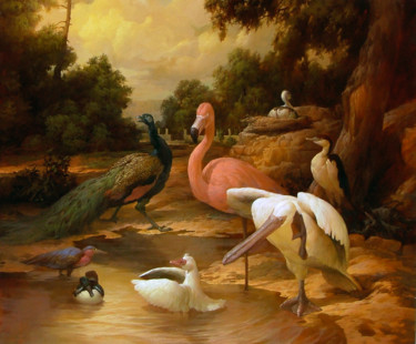 Картина под названием "Птицы на водопое" - Дмитрий Севрюков, Подлинное произведение искусства, Масло