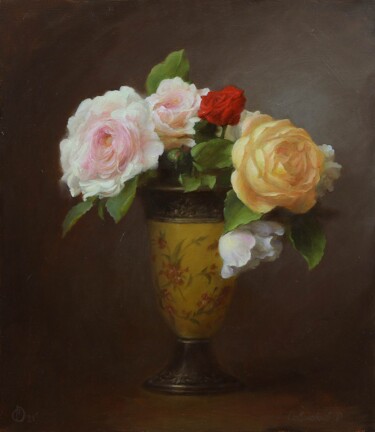 Картина под названием "Roses in a vase_2021" - Дмитрий Севрюков, Подлинное произведение искусства, Масло