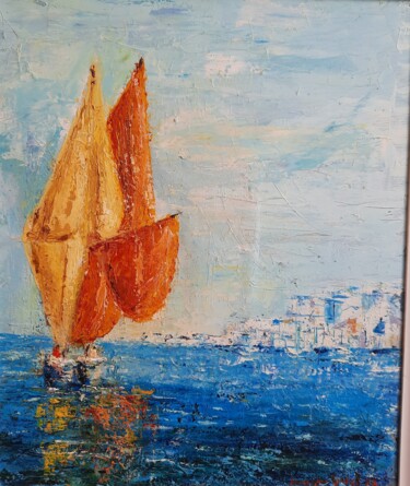 Painting titled "Mare Grecia" by Massimo Gozzi, Original Artwork, Oil Mounted on Wood Stretcher frame