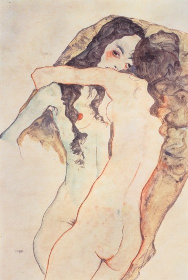 绘画 标题为“Deux femmes enlacées” 由Egon Schiele, 原创艺术品, 水彩