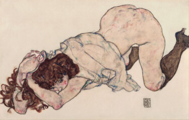 Dessin intitulée "Fille agenouillée,…" par Egon Schiele, Œuvre d'art originale, Crayon