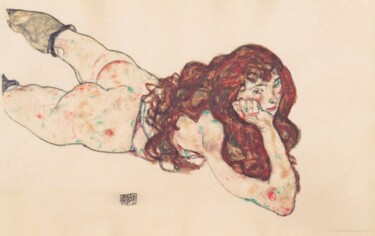 Pittura intitolato "Femme allongée sur…" da Egon Schiele, Opera d'arte originale, Grafite