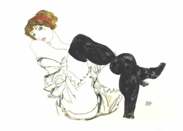 Painting titled "Woman With Black St…" by Egon Schiele, Original Artwork, Watercolor