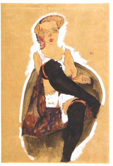 Pintura intitulada "Girl with crossed l…" por Egon Schiele, Obras de arte originais, Aquarela