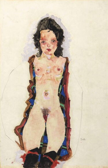 Painting titled "Nude with Red Garte…" by Egon Schiele, Original Artwork, Gouache