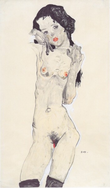 Pintura titulada "Girl with black hair" por Egon Schiele, Obra de arte original, Lápiz