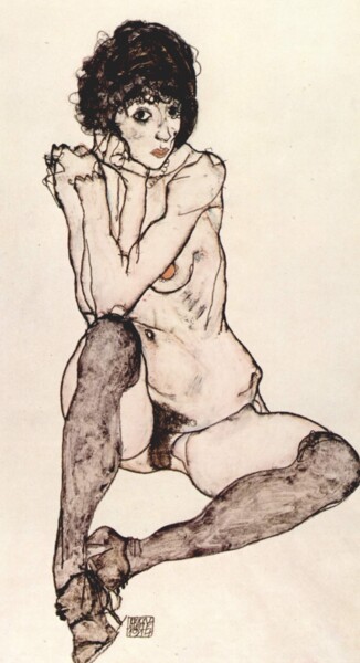 Peinture intitulée "Seated female nude…" par Egon Schiele, Œuvre d'art originale, Encre