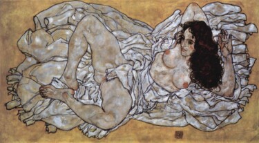 Malarstwo zatytułowany „Femme couchée” autorstwa Egon Schiele, Oryginalna praca, Olej