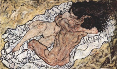 Schilderij getiteld "L'étreinte (Amants…" door Egon Schiele, Origineel Kunstwerk, Olie