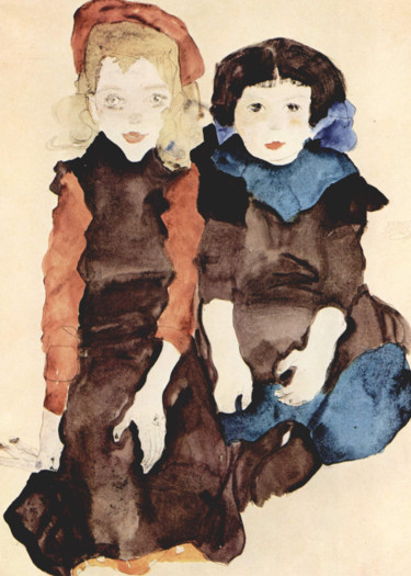 Malerei mit dem Titel "Enfants" von Egon Schiele, Original-Kunstwerk, Aquarell