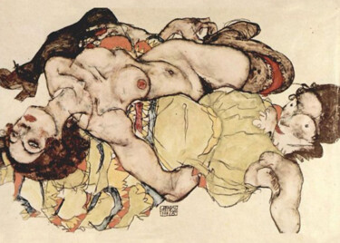 Schilderij getiteld "Deux femmes" door Egon Schiele, Origineel Kunstwerk, Olie