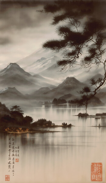 Digitale Kunst mit dem Titel "Озеро в горах" von Egor Tt, Original-Kunstwerk, Digitale Malerei