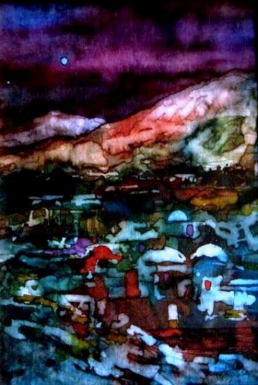 Painting titled "village night sceen" by Ehab Lotfi, Original Artwork, Oil