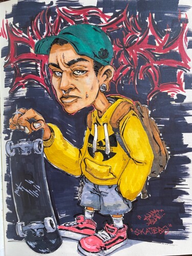 Drawing titled "moody skater" by Ehmbho, Original Artwork, Ink