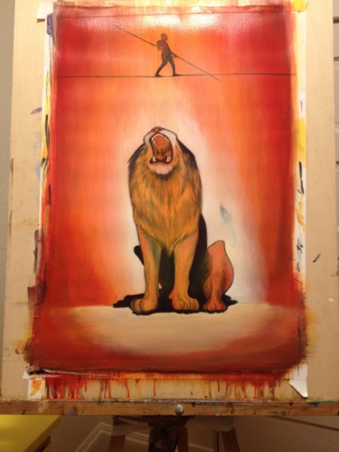 Pittura intitolato "Tightrope-Lion prog…" da Oberlin The Artist, Opera d'arte originale, Acrilico