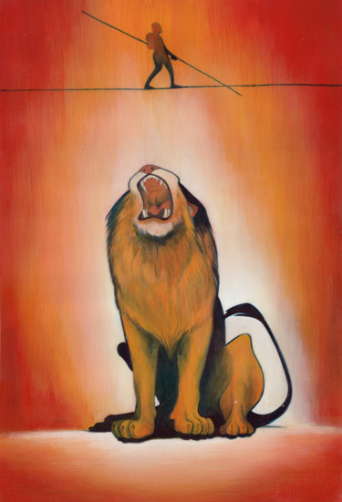 Malerei mit dem Titel "Tightrope Lion" von Oberlin The Artist, Original-Kunstwerk, Acryl
