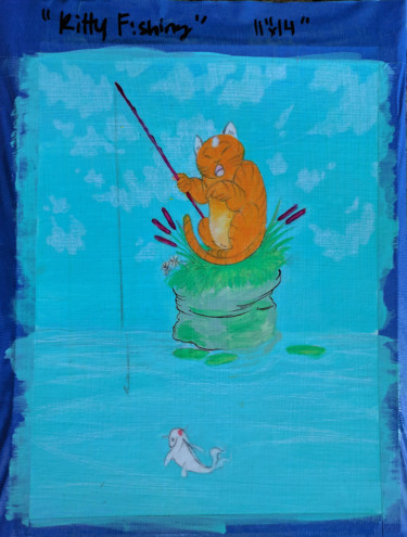 Painting titled "Kitty Fishing #1" by Oberlin The Artist, Original Artwork, Acrylic