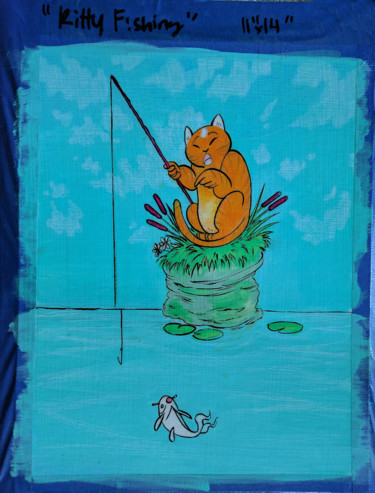 Painting titled "Kitty Fishing #2" by Oberlin The Artist, Original Artwork, Acrylic