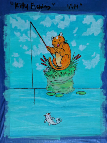 Pintura intitulada "Kitty Fishing #3" por Oberlin The Artist, Obras de arte originais, Acrílico