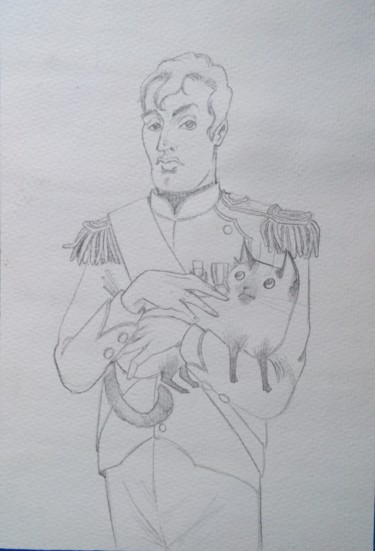 Картина под названием "Napoleon & Cat 1" - Oberlin The Artist, Подлинное произведение искусства, Карандаш