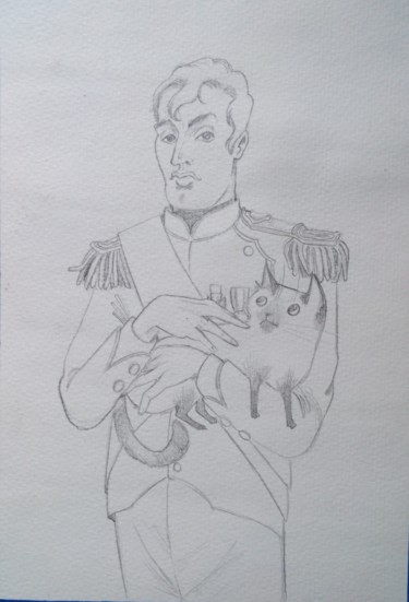 Malerei mit dem Titel "Napoleon & Cat 1" von Oberlin The Artist, Original-Kunstwerk, Bleistift