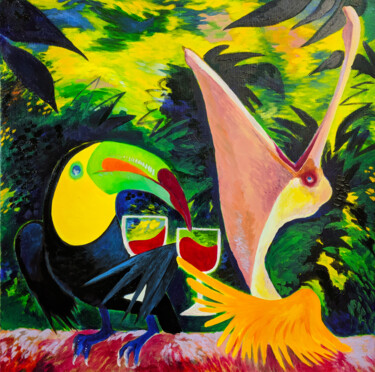 Pintura intitulada "Drinking Birdies" por Oberlin The Artist, Obras de arte originais, Óleo