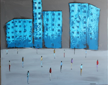 Painting titled "Blue city" by Filip Łoziński, Original Artwork, Oil
