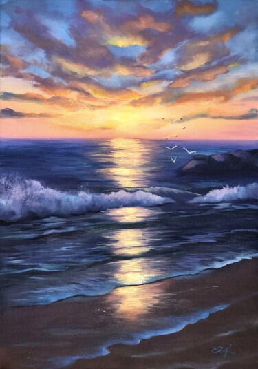 The magic of the sea morning Painting titled "The magic of the se…" by Ekaterina Zalozhina, Original Art, Oil Mounted on Stretcher frame