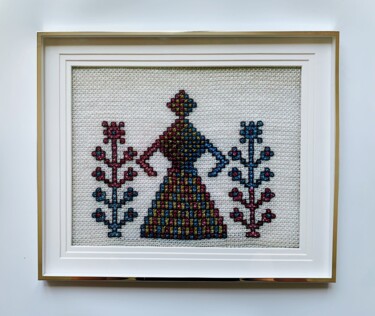 Текстильное искусство под названием "Femme" - Ek, Подлинное произведение искусства, вышивка Установлен на Стекло