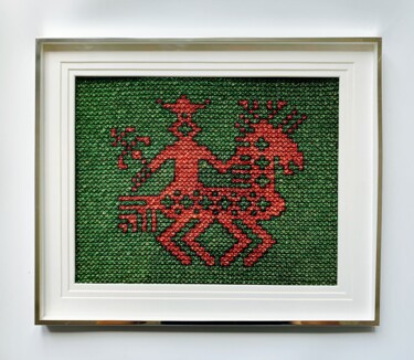 Textielkunst getiteld "Chevalier" door Ek, Origineel Kunstwerk, Borduurwerk Gemonteerd op Glas