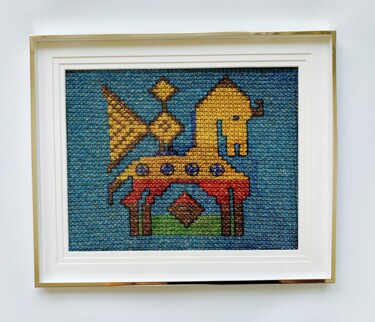 Textile Art titled "Pegasus" by Ek, Original Artwork, Embroidery Mounted on Glass