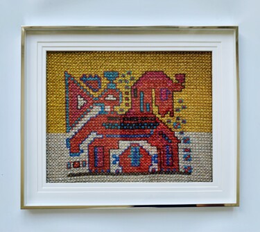 Textile Art titled "Le cheval et l'oise…" by Ek, Original Artwork, Embroidery Mounted on Glass