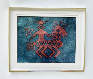 Art textile intitulée "Chevalier rose sur…" par Ek, Œuvre d'art originale, Broderie Monté sur Verre