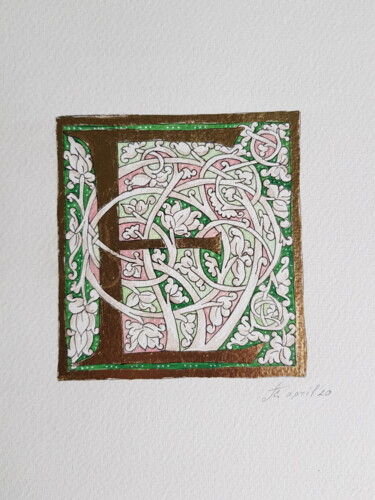 Schilderij getiteld "INITIAL LETTER E, P…" door Ekaterina Andreeva, Origineel Kunstwerk, Aquarel