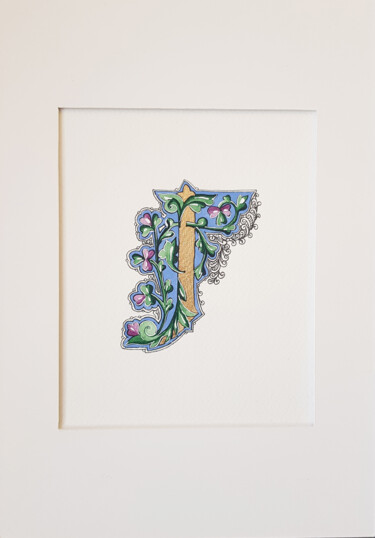 Dessin intitulée "Letter J, Blue, Gre…" par Ekaterina Andreeva, Œuvre d'art originale, Aquarelle