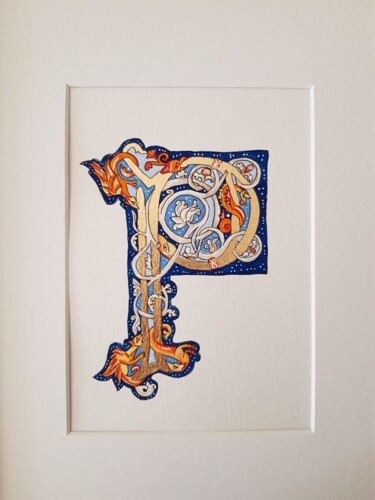 Painting titled "Letter P with Drago…" by Ekaterina Andreeva, Original Artwork, Gouache